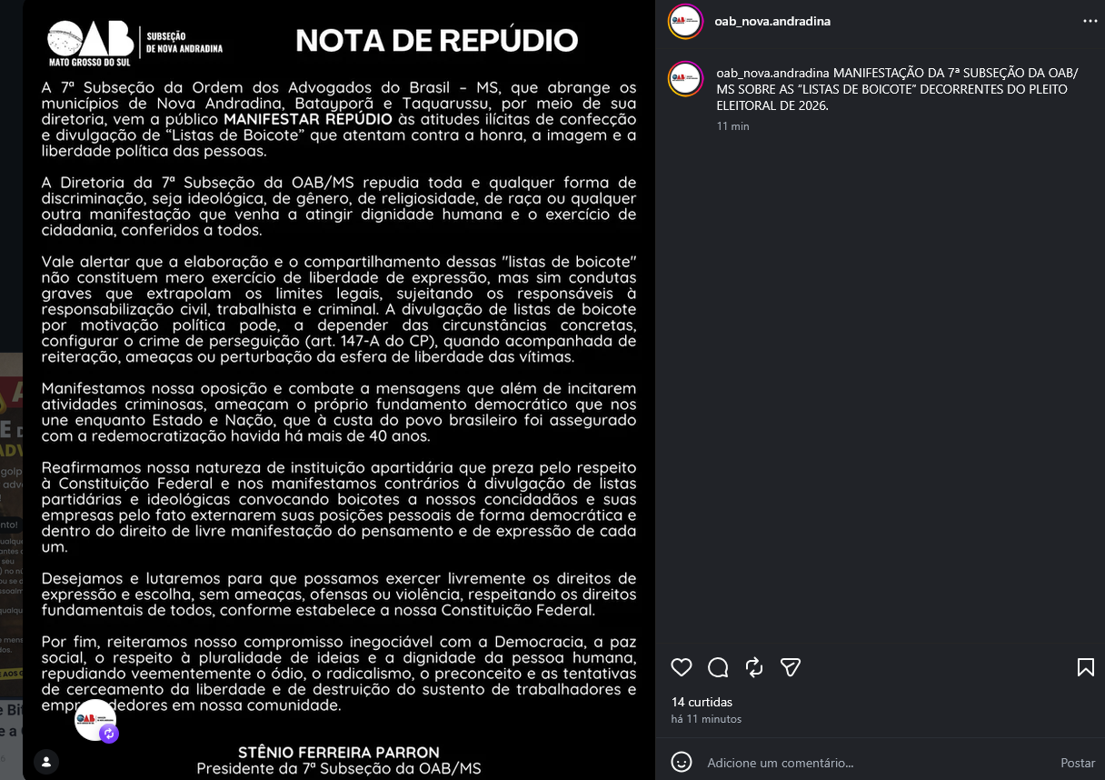 Captura da nota pública da OAB de Nova Andradina contra listas de boicote por motivação política, assinada por Stênio Ferreira Parron.